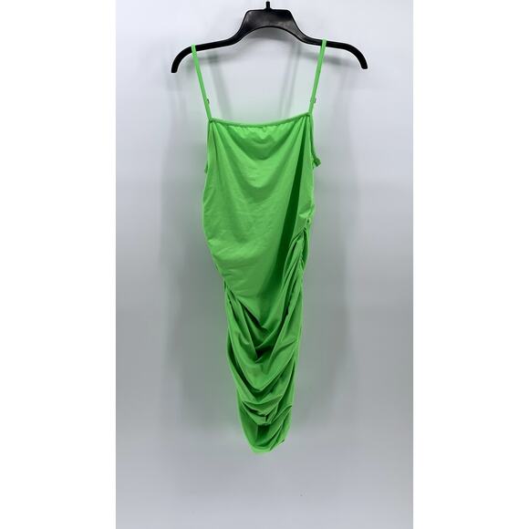 UNBRANDED Women's Lime Green Straight-Neck Ruched Bodycon Mini Dress SZ L - Picture 2 of 10